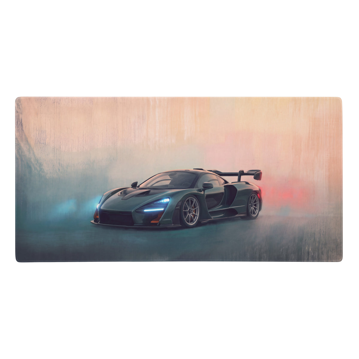 A sleek dark green mclaren senna illustration on a british racing green low-friction cloth desk mat mousepad