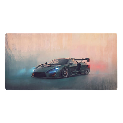 A sleek dark green mclaren senna illustration on a british racing green low-friction cloth desk mat mousepad