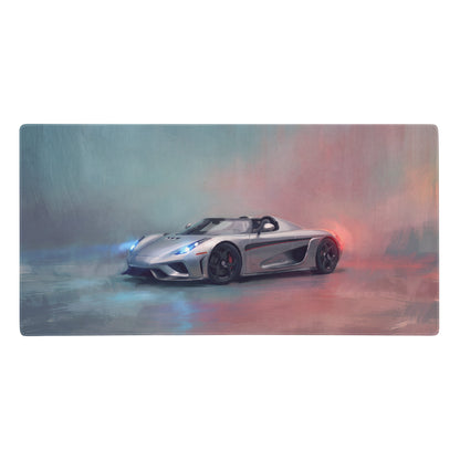 Silver koenigsegg agera rs with black wheels and red calipers in dynamic painting on high-precision xl gaming mousepad