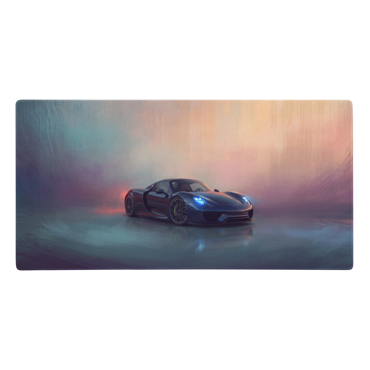 A sleek dark blue porsche 918 spyder inspired midnight blue extended non slip desk pad with glowing headlights design