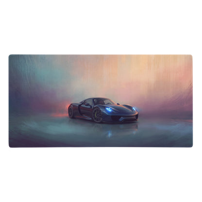 A sleek dark blue porsche 918 spyder inspired midnight blue extended non slip desk pad with glowing headlights design