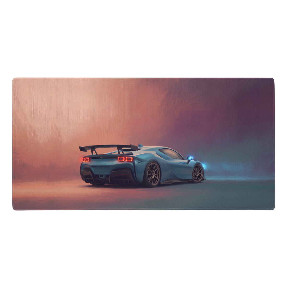 Ferrari sf90 xx inspired azure apex desk mat with blue sports car and glowing red taillights on low-friction cloth