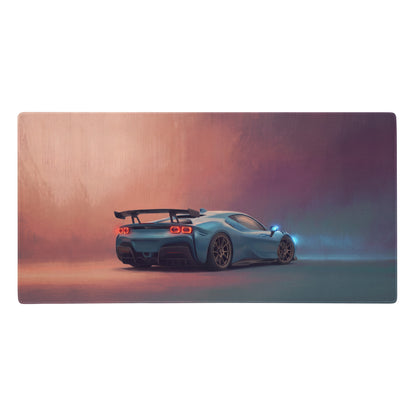 Ferrari sf90 xx inspired azure apex desk mat with blue sports car and glowing red taillights on low-friction cloth