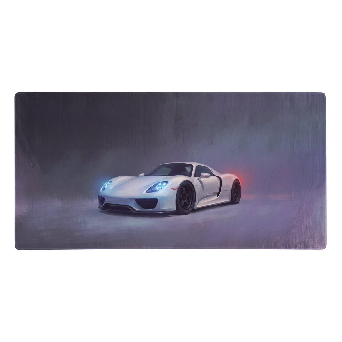 Pearl white Porsche 918 Spyder graphic printed on a stitched edge gaming mousepad for ultra-glide desk use