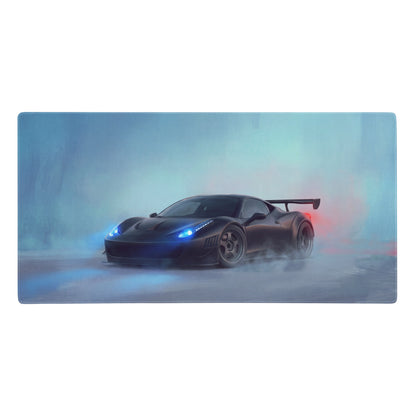 Black Ferrari 458 Italia racing car illustration on a stealth matte black extended non-slip gaming mousepad