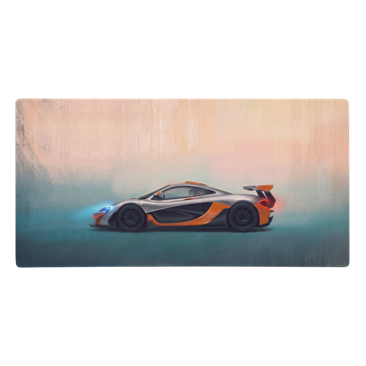 Silver and orange mclaren p1 inspired track edition desk mat with low friction cloth on rectangular wooden surface