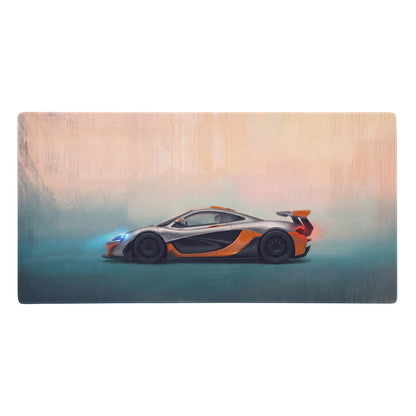 Silver and orange mclaren p1 inspired track edition desk mat with low friction cloth on rectangular wooden surface
