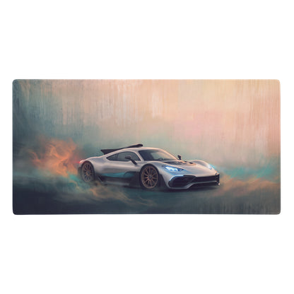 Mercedes-AMG ONE inspired hyper silver mist desk pad featuring a silver and teal hypercar on an ultra-glide stitched edge mat