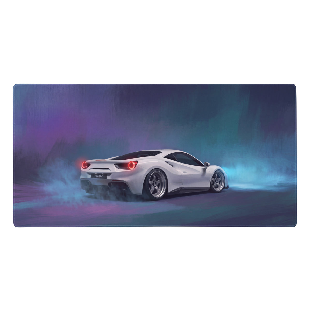 Ferrari 488 inspired pearl white rectangular gaming mousepad with white sports car graphic and non-slip extended design
