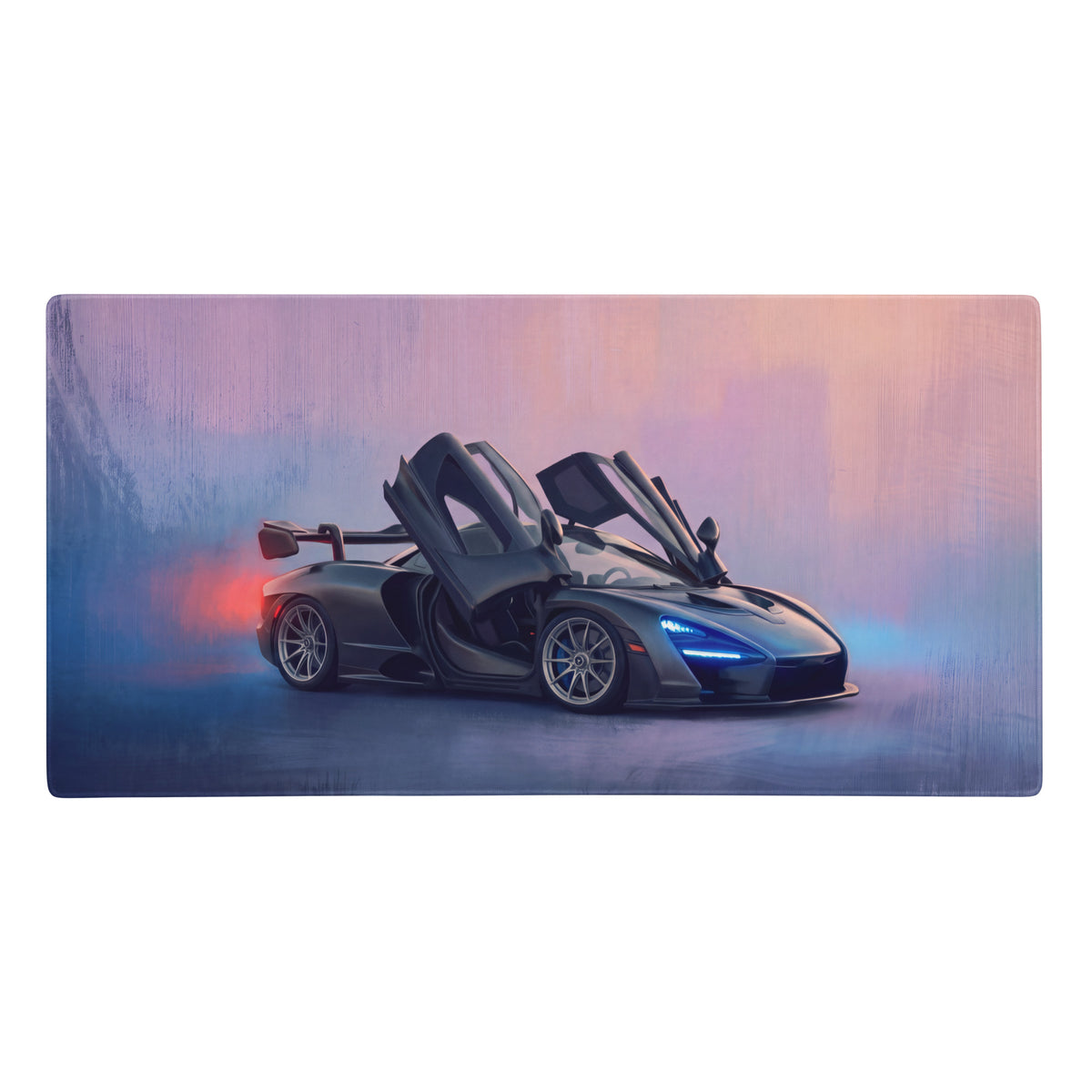 Stylized illustration of black mclaren speedtail with glowing blue headlights and open gull-wing doors on stealth dihedral desk mat