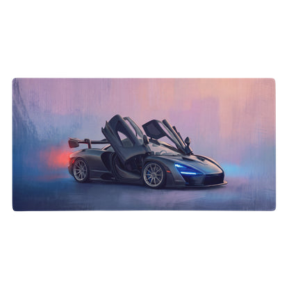 Stylized illustration of black mclaren speedtail with glowing blue headlights and open gull-wing doors on stealth dihedral desk mat