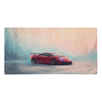 Lamborghini gallardo inspired crimson drift desk pad featuring red sports car with sleek design and stitched edge for gaming