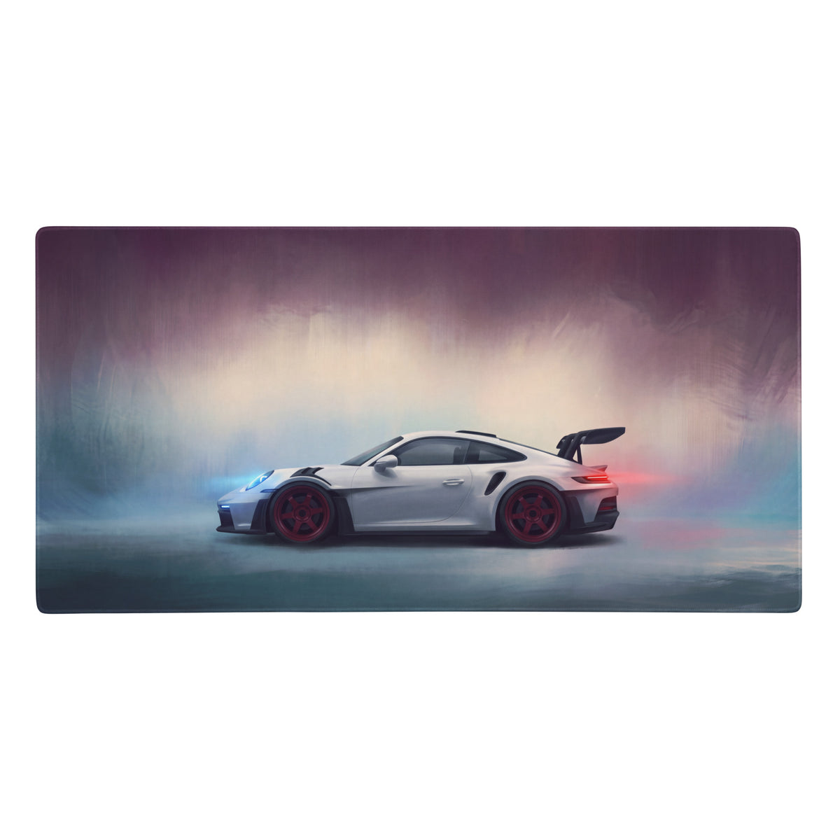 White porsche 911 gt3 rs with red wheels and black rear wing art on porsche 911 gt3 rs inspired chalk red accent desk mat