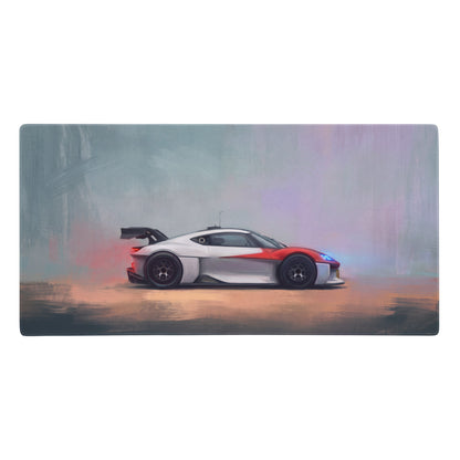 A porsche mission r inspired rosso white livery desk mat featuring an artistic sleek white and red sports car with black wing