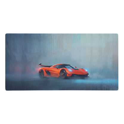 Vibrant orange koenigsegg hypercar on misty scene printed on koenigsegg jesko inspired tangelo drift desk pad gaming mouse mat