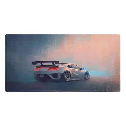 Acura nsx inspired pearl widebody extended non slip desk pad featuring silver honda nsx with red taillights and black spoiler