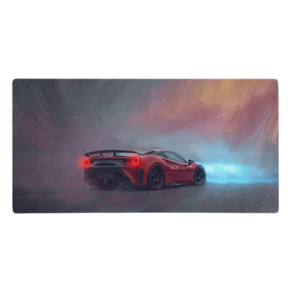 Ferrari 488 inspired crimson drift desk mat featuring a red ferrari sports car in smoky stylized cloth mousepad design