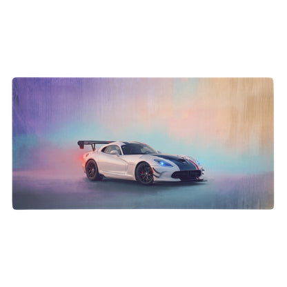 Dodge viper acr inspired gts livery desk pad featuring white and black sports car with blue racing stripes on ultra-glide surface