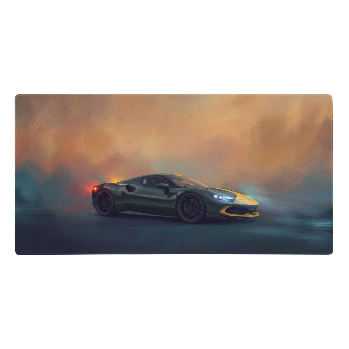A sleek dark green and yellow Ferrari 296 GTB inspired extended non slip gaming mousepad with sports car design