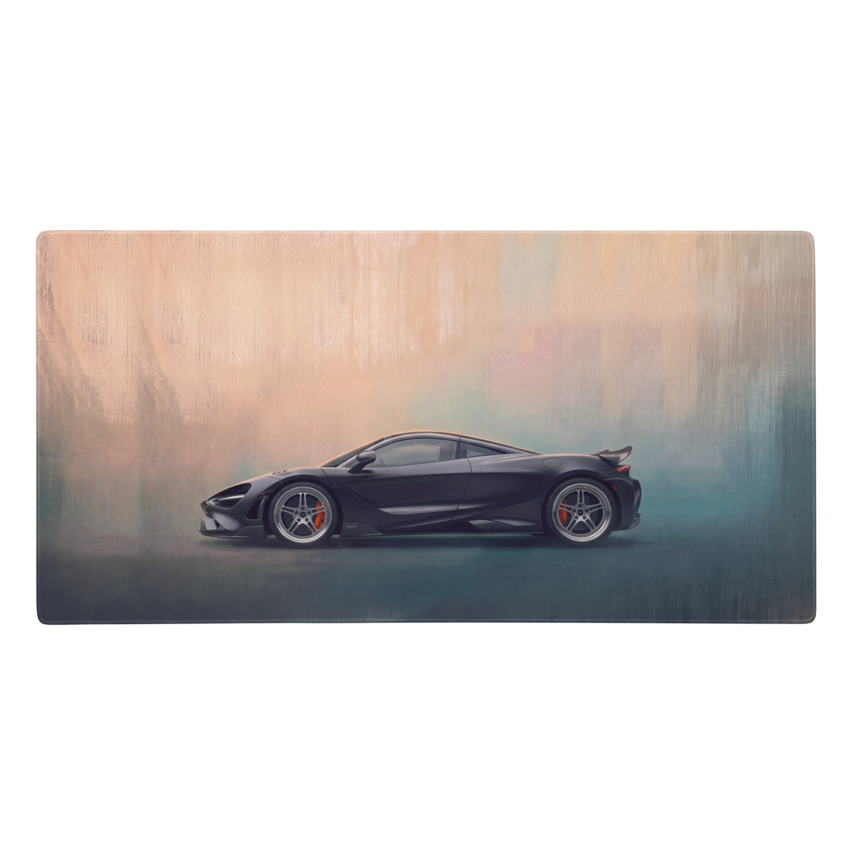 Black mclaren sports car illustration on rectangular wooden surface on carbon profile desk mat mousepad