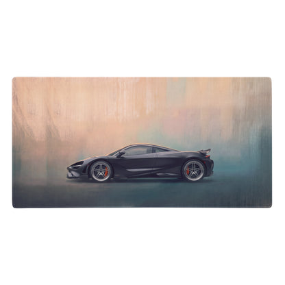 Black mclaren sports car illustration on rectangular wooden surface on carbon profile desk mat mousepad