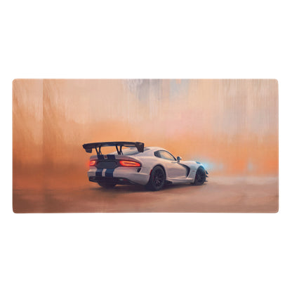 White dodge viper sports car with black racing stripes and rear spoiler on a stitched edge ultra-glide desk pad