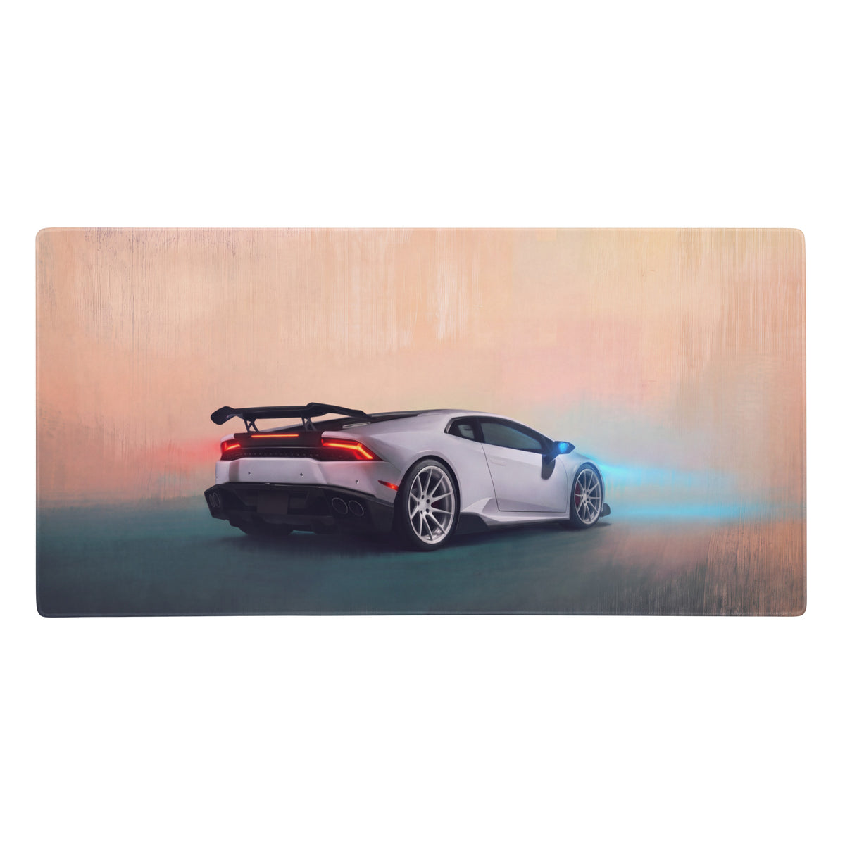 Silver lamborghini huracán stylized desk pad with glowing red taillights and blue motion effects extended non-slip mat