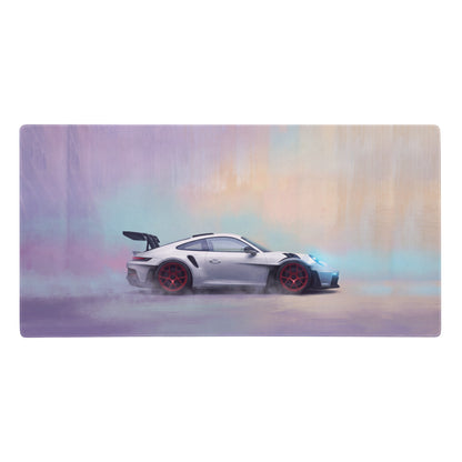 Silver porsche 911 gt3 with red rims and black racing stripes on a porsche 911 gt3 rs inspired chalk red accent desk pad