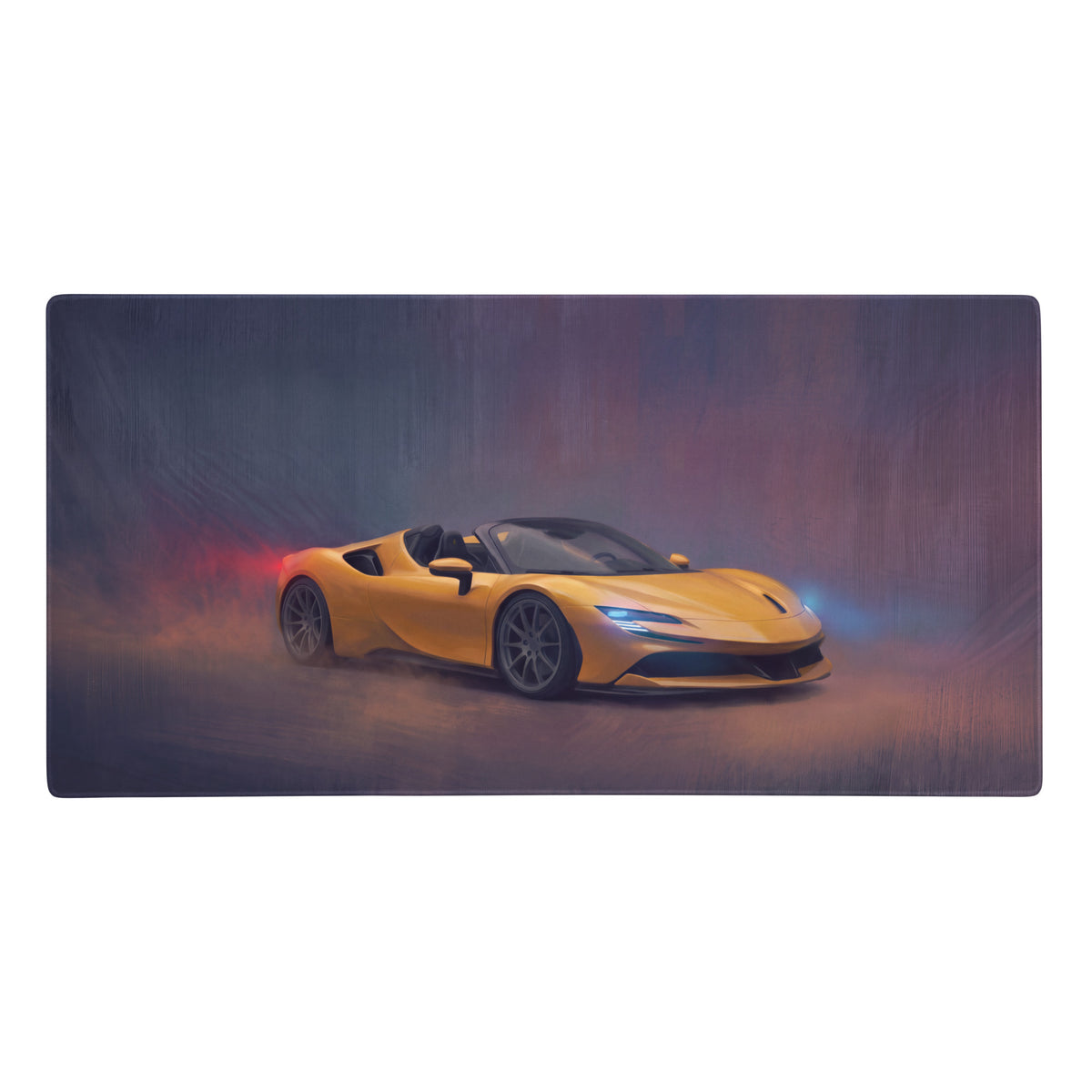 Vibrant yellow Ferrari f8 spider illustration on a giallo modena low-friction cloth gaming mousepad