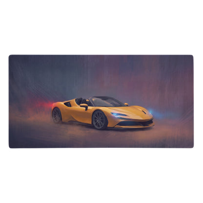 Vibrant yellow Ferrari f8 spider illustration on a giallo modena low-friction cloth gaming mousepad