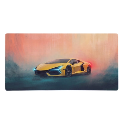 Vibrant yellow lamborghini revuelto inspired giallo electra desk pad with glowing blue headlights and red taillights design