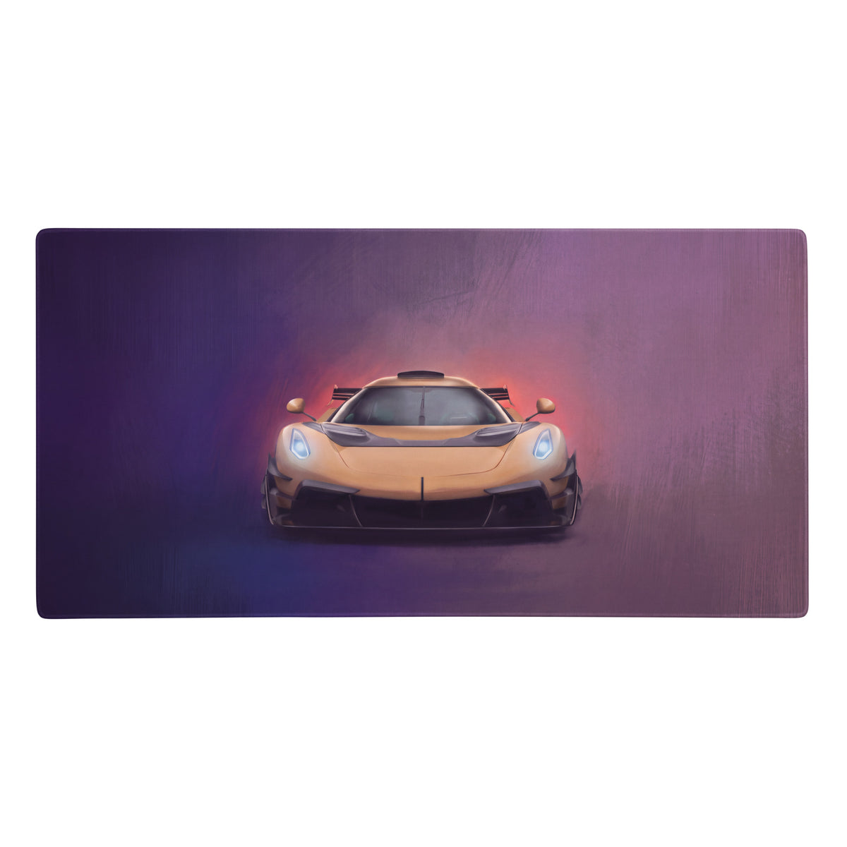 Koenigsegg jesko inspired gold frontale desk mat featuring a sleek golden-yellow hypercar on a purple to blue gradient background