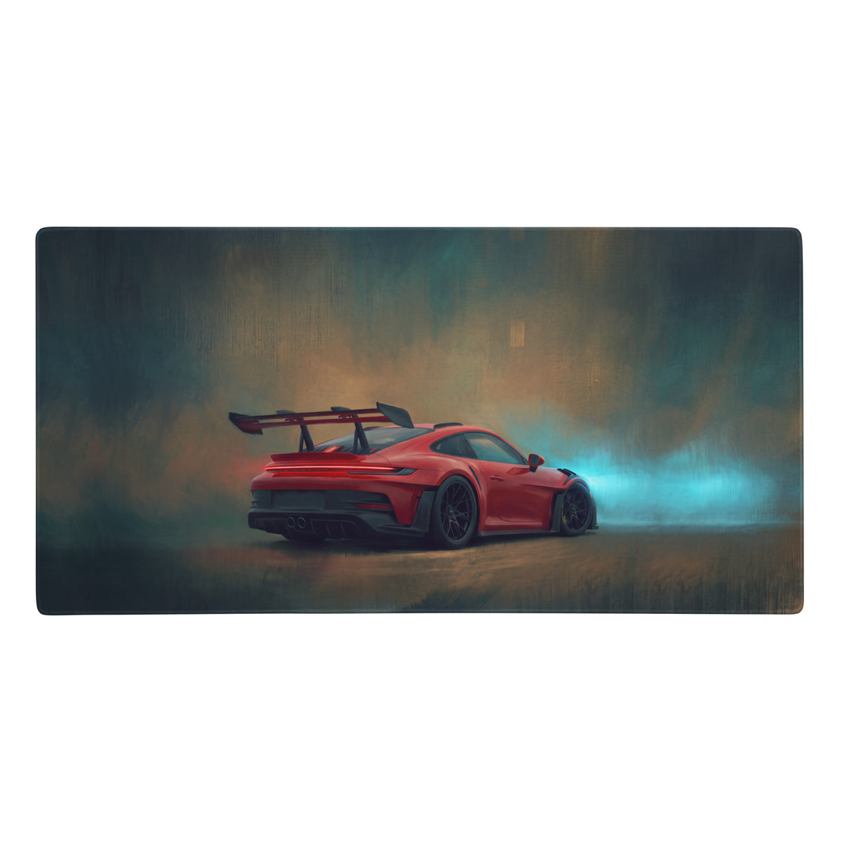 Red porsche 911 gt3 rs racing car with rear wing and black wheels on a crimson xl gaming desk mat