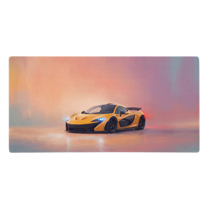 Vibrant yellow McLaren P1 inspired solar flare desk mat low-friction cloth gaming mousepad with sports car graphic