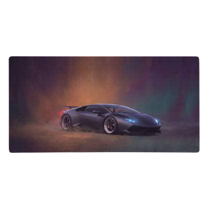 Black lamborghini huracán inspired stealth onyx desk pad with ultra-glide stitched edge featuring drifting car design
