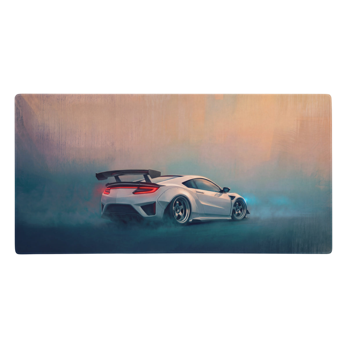 Acura nsx inspired pearl widebody white sports car with red taillights on black rear spoiler xl gaming desk mat