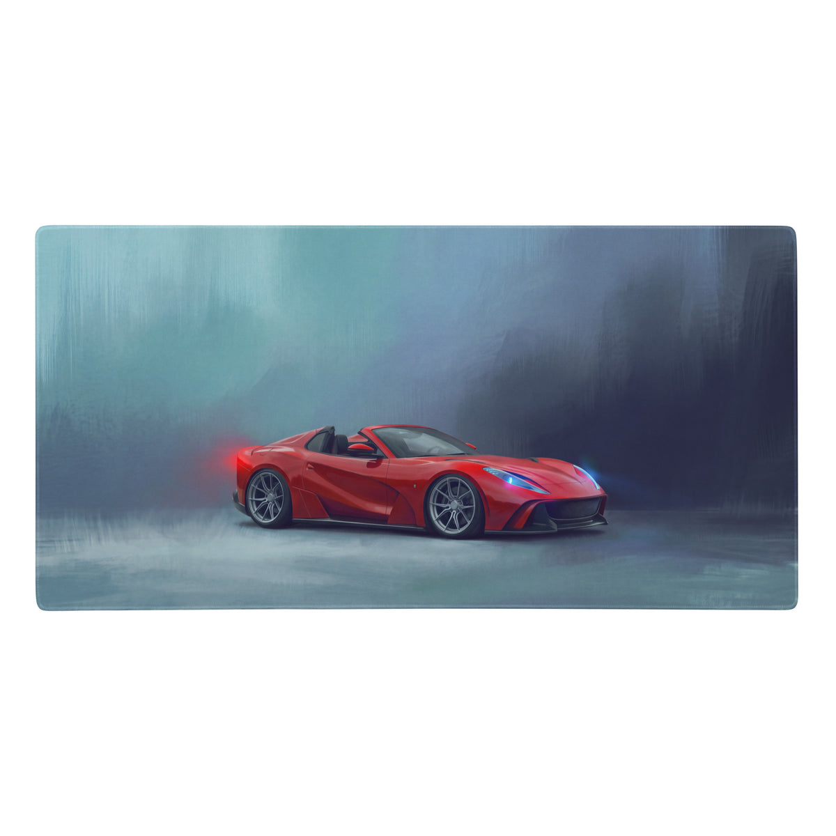 Vibrant red ferrari 812 superfast convertible illustrated on a rosso sunset low-friction cloth desk mat mousepad