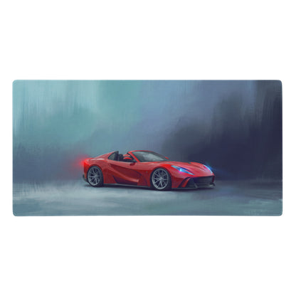 Vibrant red ferrari 812 superfast convertible illustrated on a rosso sunset low-friction cloth desk mat mousepad