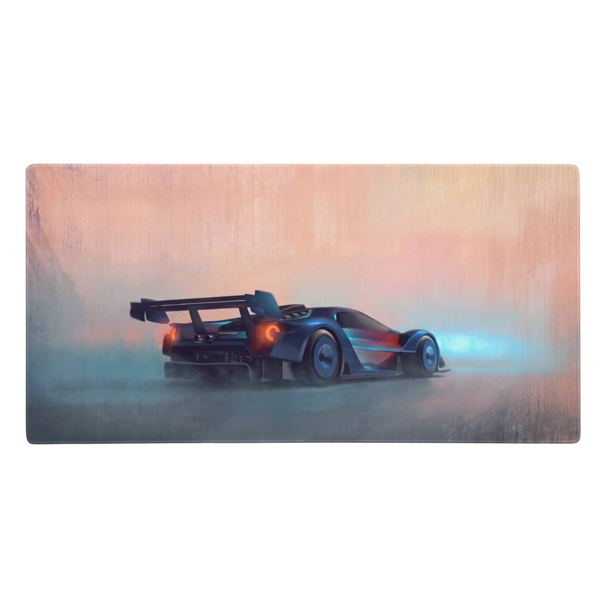 Ford GT inspired cobalt track desk pad featuring a sleek dark blue and red futuristic race car with glowing taillights