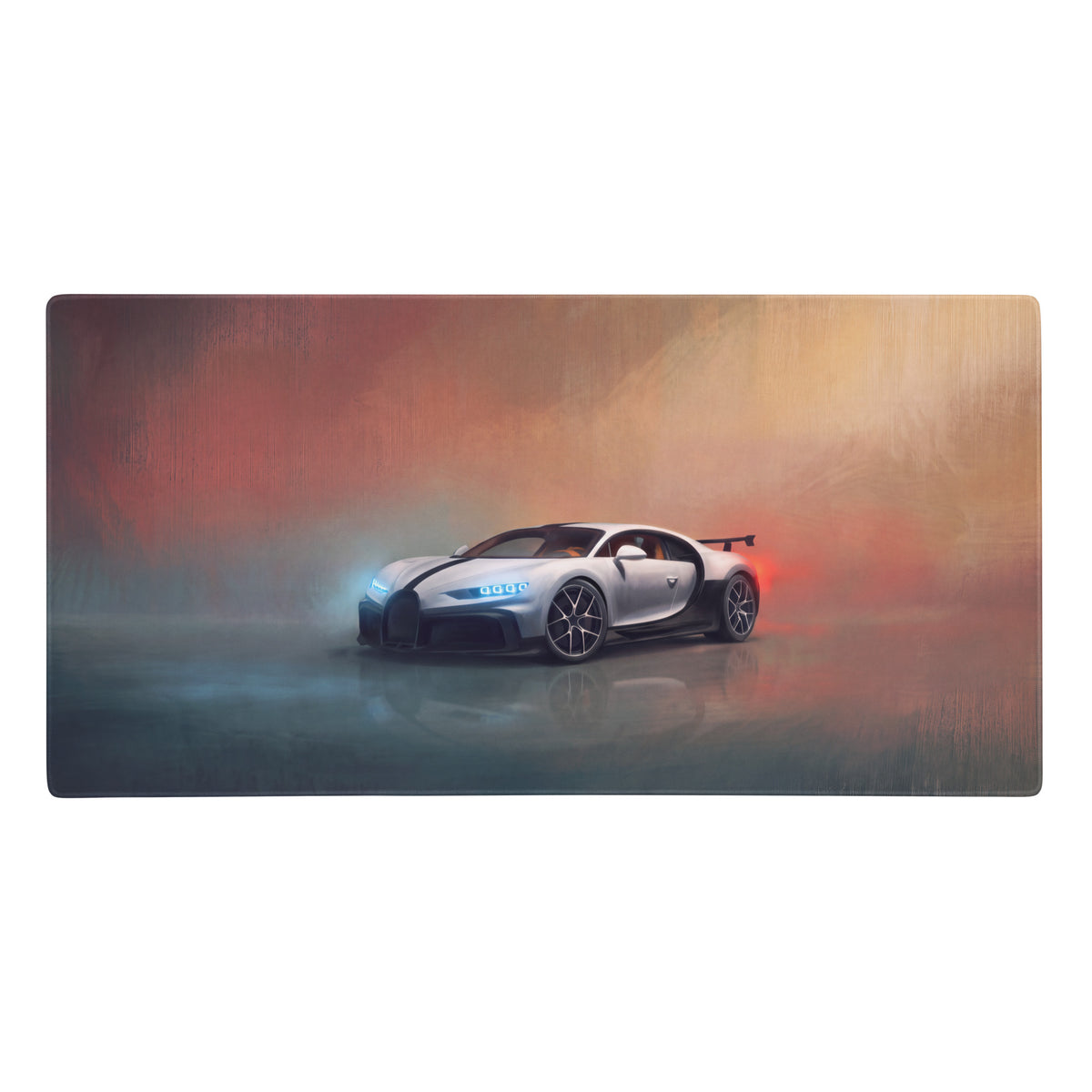 Silver and black bugatti chiron sports car artwork on glacier sunset themed xl gaming desk mat with high precision design