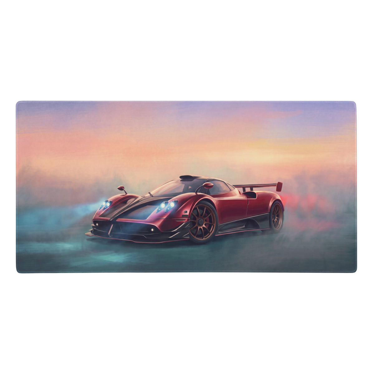 Red and black pagani zonda sports car illustration on rosso sunset extended non slip desk pad mouse mat