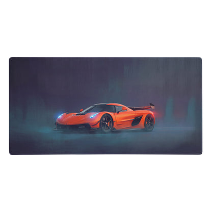 Vibrant orange koenigsegg hypercar illustration on a koenigsegg jesko inspired tangelo apex xl gaming mousepad