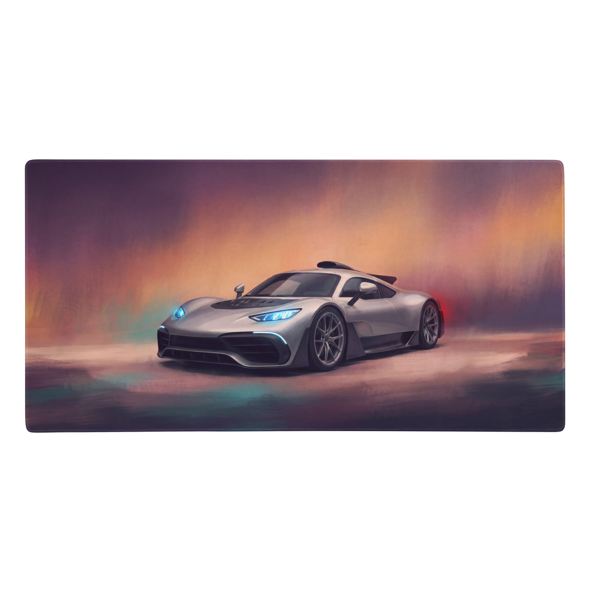 Silver mercedes-amg one inspired hyper silver desk pad with glowing blue headlights and aerodynamic formula one car design