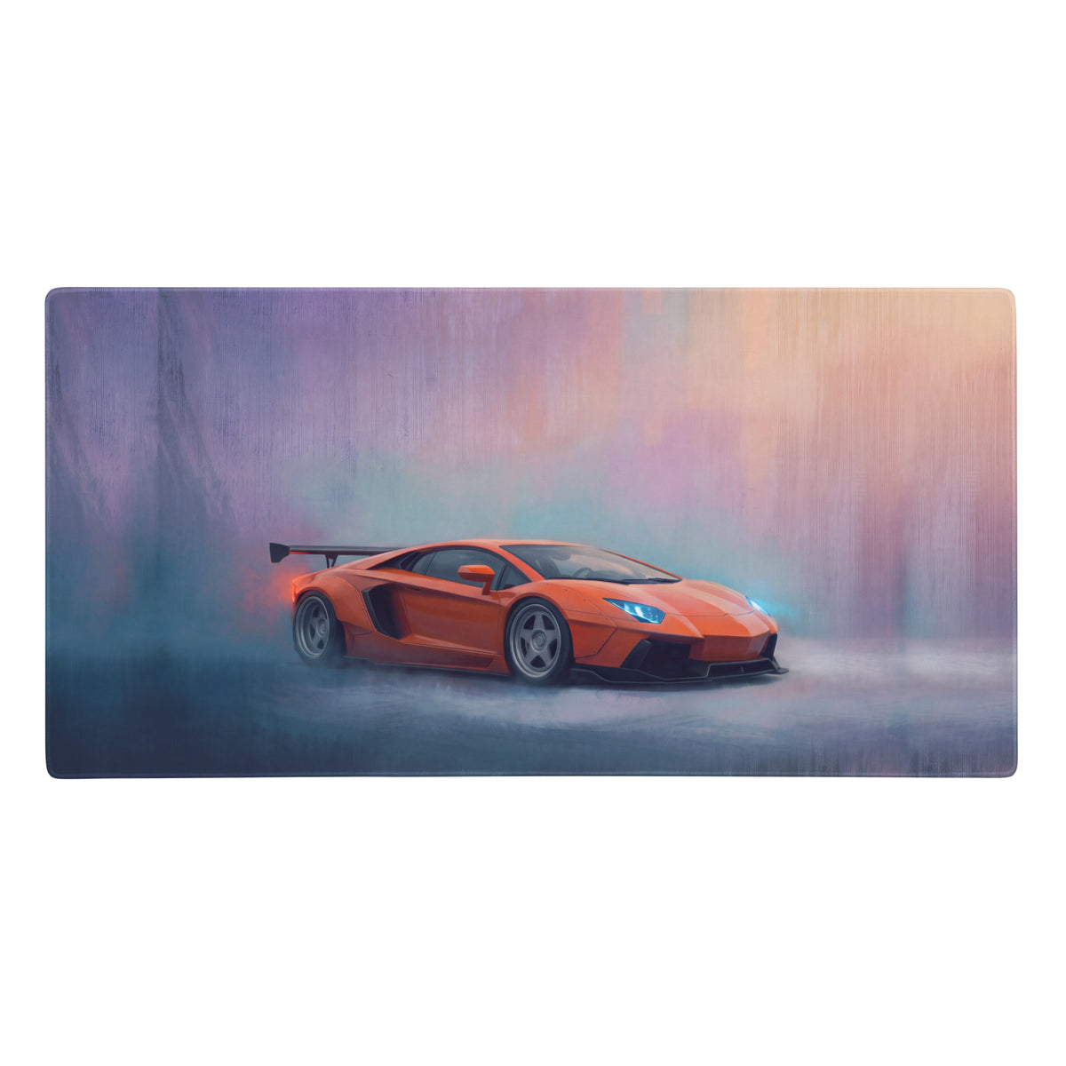 Vibrant orange lamborghini aventador illustration on arancio horizon desk pad ultra-glide stitched edge mouse mat