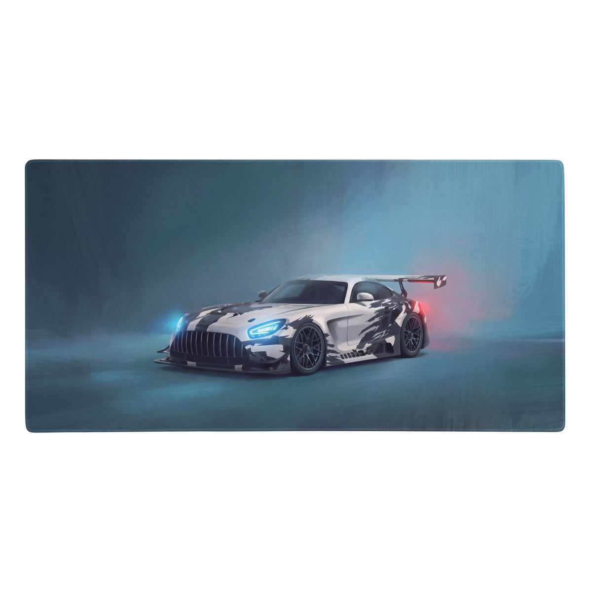 Mercedes-AMG GT3 inspired extended non-slip gaming mousepad with white and black racing car graphic and glowing blue headlights