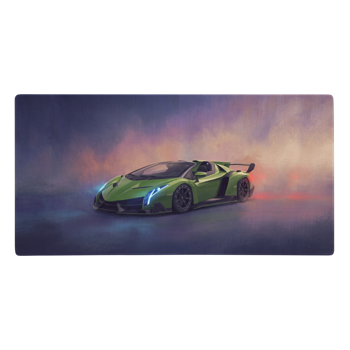 Lamborghini veneno inspired verde scandal desk mat featuring vibrant green sports car in smoky dynamic illustration
