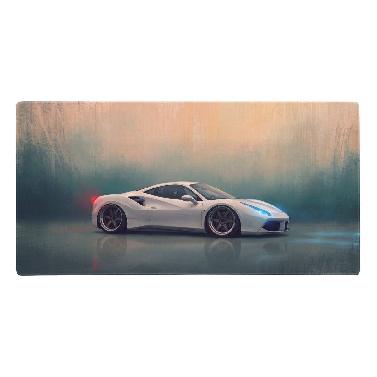 Ferrari 488 inspired pearl white desk pad with sleek white sports car illustration and glowing blue and red accents