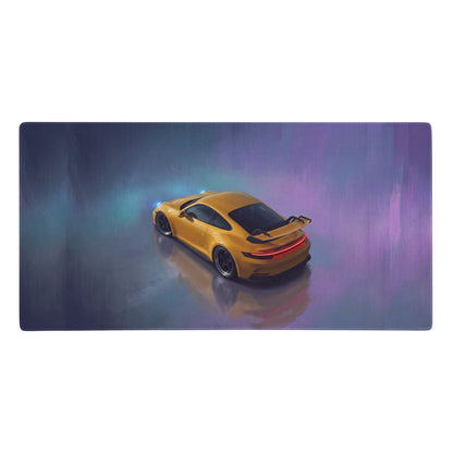 Golden porsche 911 gt3 inspired speed yellow desk pad with stitched edge ultra-glide gaming mouse mat illustration