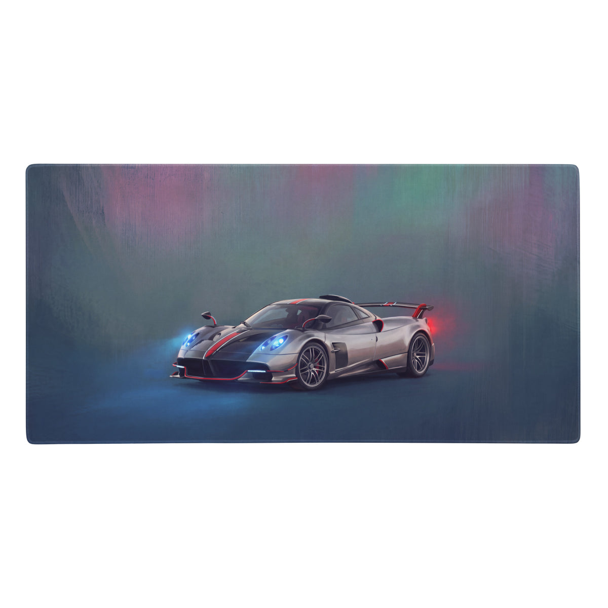 Silver pagani huayra inspired apex desk mat featuring a stylized digital illustration with red and black accents