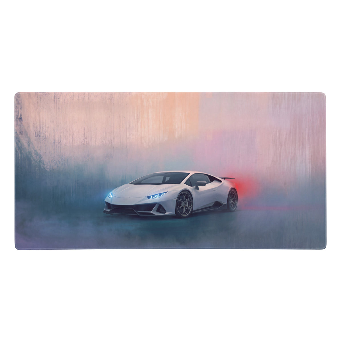 White lamborghini huracán sports car graphic on a pearl white extended non slip gaming desk pad mouse mat